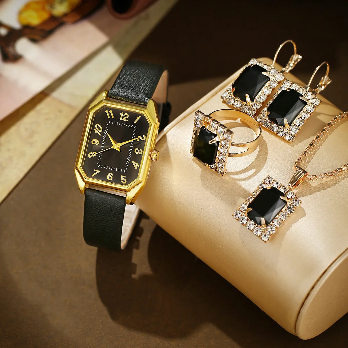 Leather women's square quartz watch and rhinestone jewellery set with necklace, earrings, ring