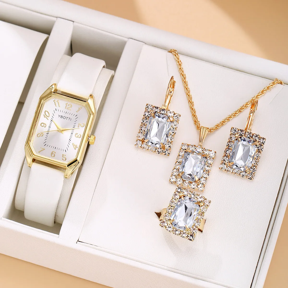 Leather women's square quartz watch and rhinestone jewellery set with necklace, earrings, ring