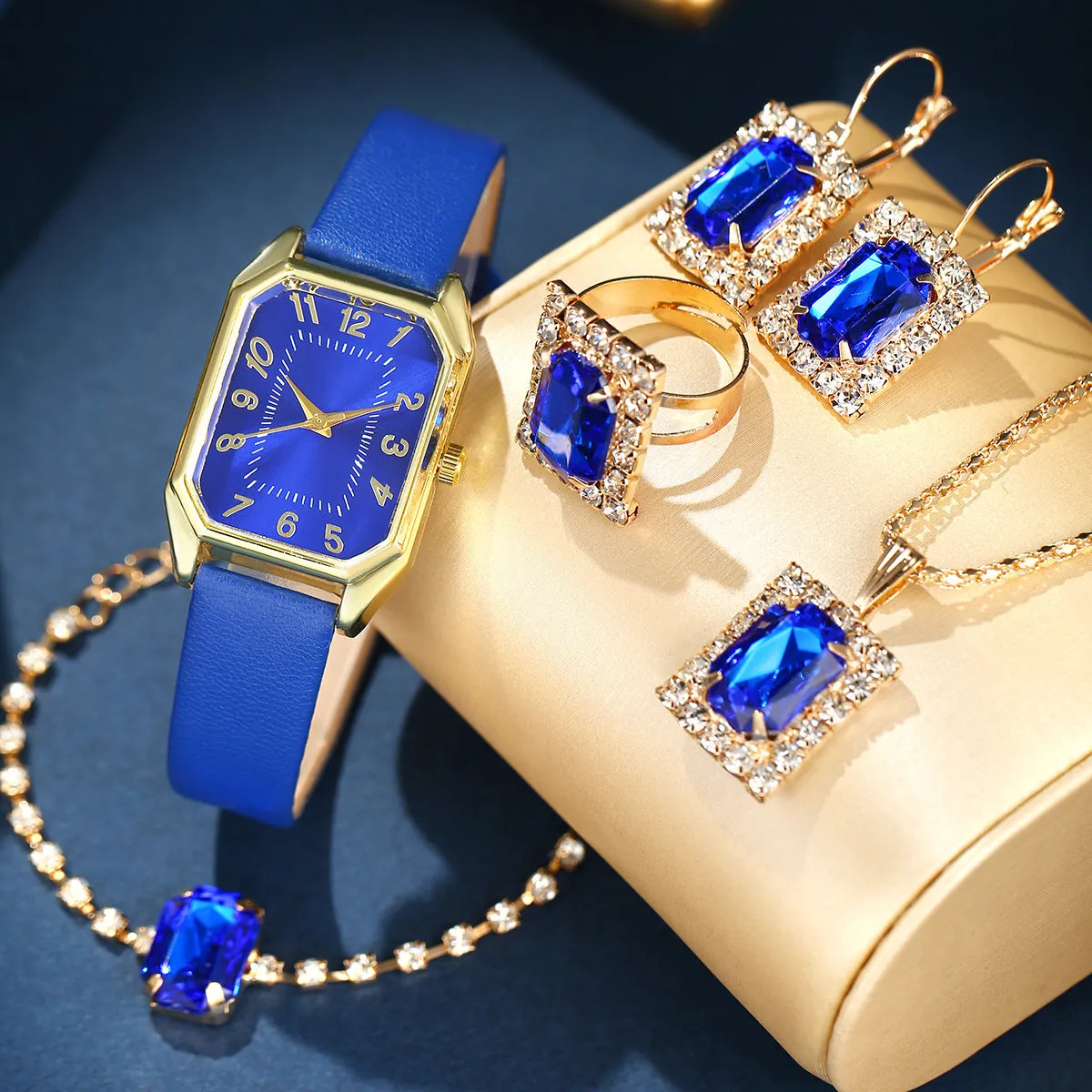 Leather women's square quartz watch and rhinestone jewellery set with necklace, earrings, ring