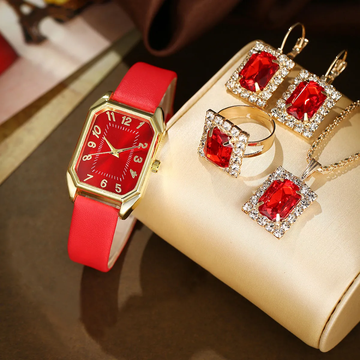 Leather women's square quartz watch and rhinestone jewellery set with necklace, earrings, ring