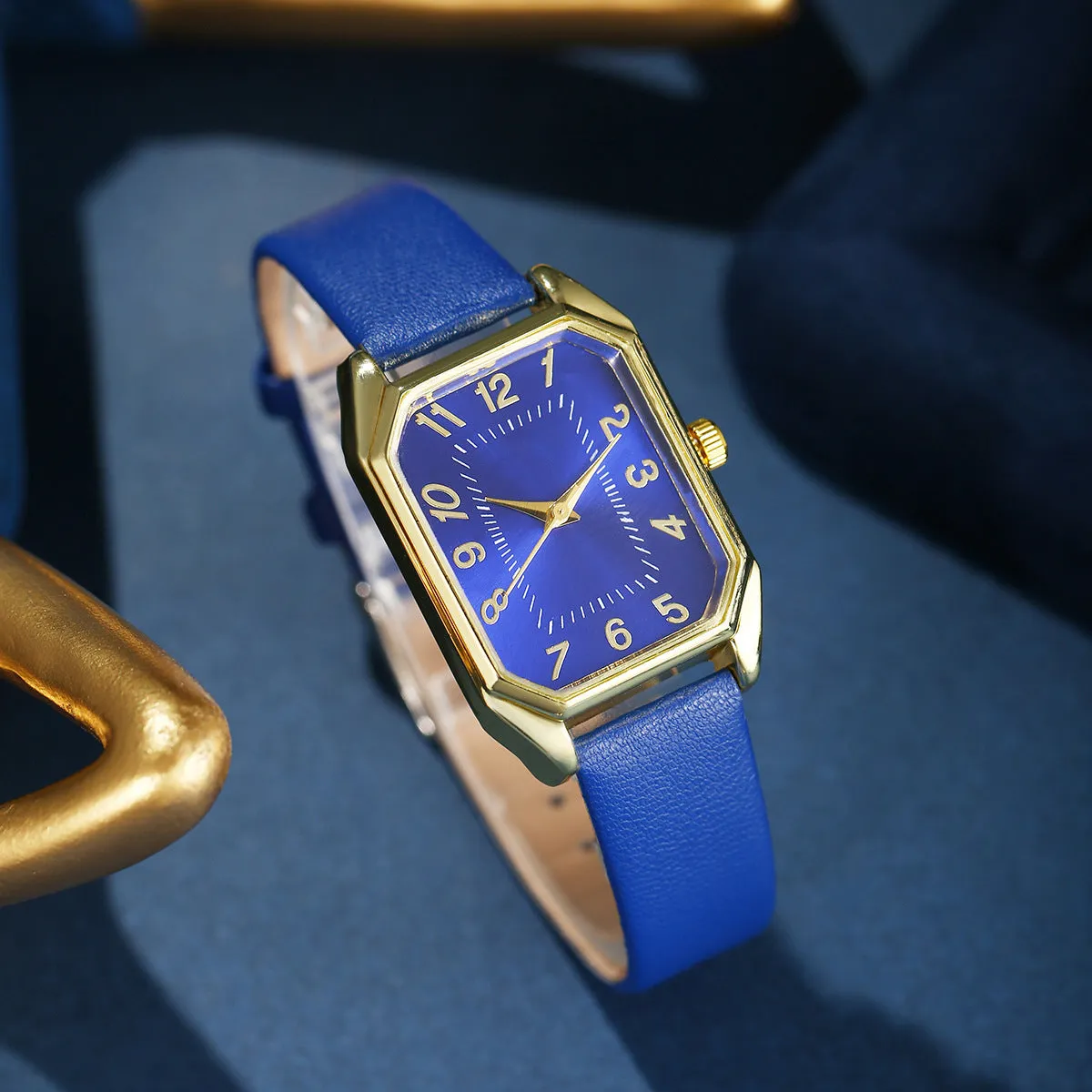 Leather women's square quartz watch and rhinestone jewellery set with necklace, earrings, ring