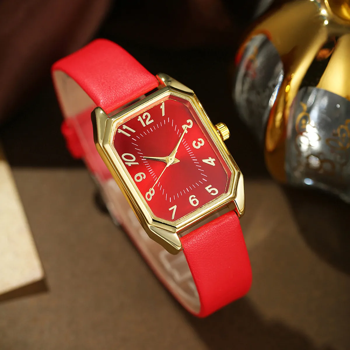 Leather women's square quartz watch and rhinestone jewellery set with necklace, earrings, ring