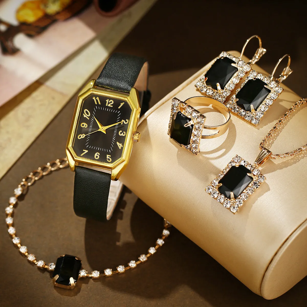 Leather women's square quartz watch and rhinestone jewellery set with necklace, earrings, ring