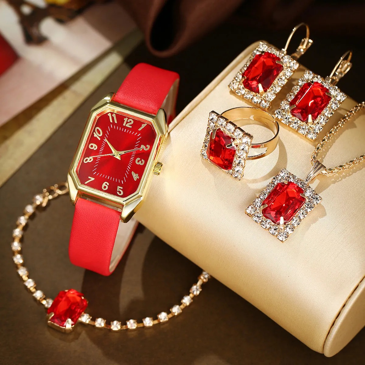 Leather women's square quartz watch and rhinestone jewellery set with necklace, earrings, ring