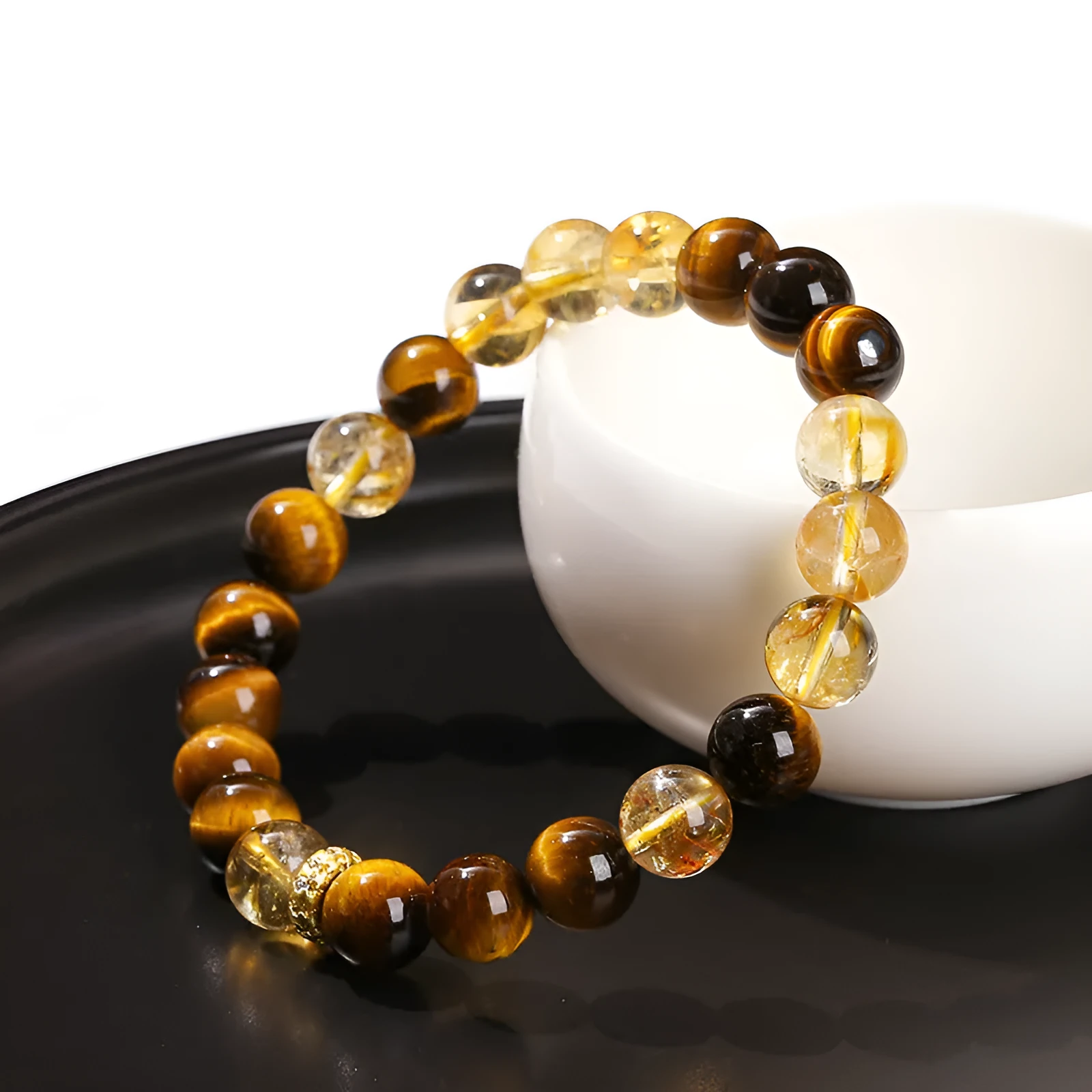 Yellow tiger stone and crystal bracelet with 8mm geometric round beads