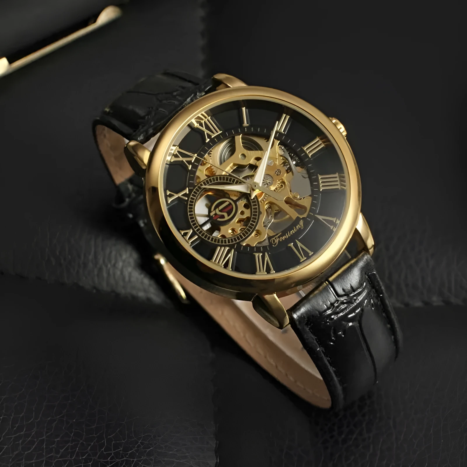 Hollow mechanical skeleton wrist watch with leather band and stainless steel 40.5mm case