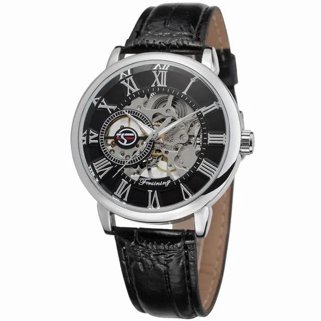 Hollow mechanical skeleton wrist watch with leather band and stainless steel 40.5mm case