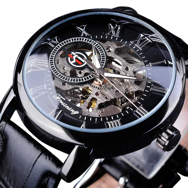Hollow mechanical skeleton wrist watch with leather band and stainless steel 40.5mm case