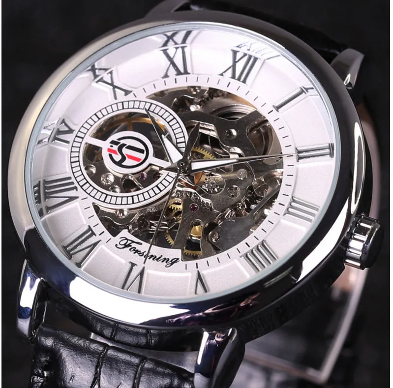 Hollow mechanical skeleton wrist watch with leather band and stainless steel 40.5mm case