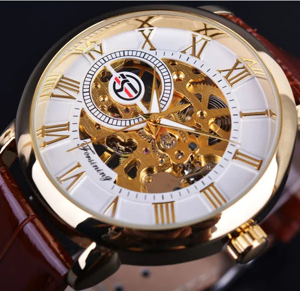Hollow mechanical skeleton wrist watch with leather band and stainless steel 40.5mm case