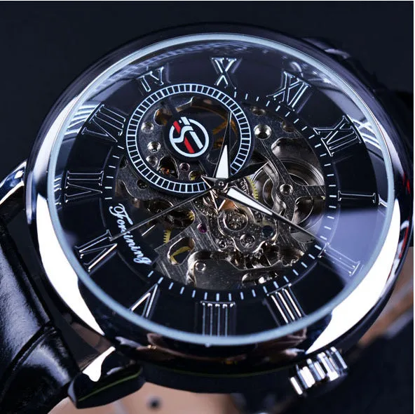 Hollow mechanical skeleton wrist watch with leather band and stainless steel 40.5mm case