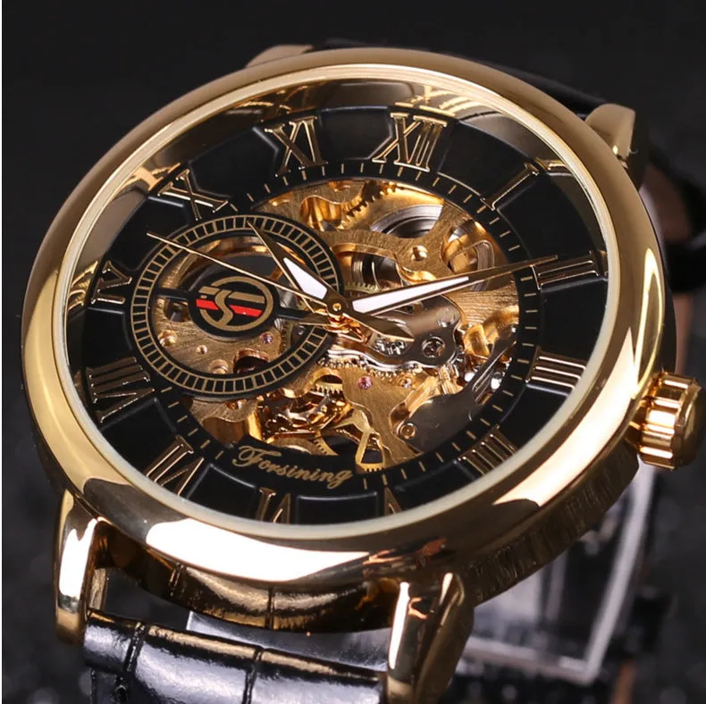 Hollow mechanical skeleton wrist watch with leather band and stainless steel 40.5mm case