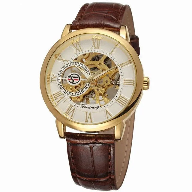 Hollow mechanical skeleton wrist watch with leather band and stainless steel 40.5mm case