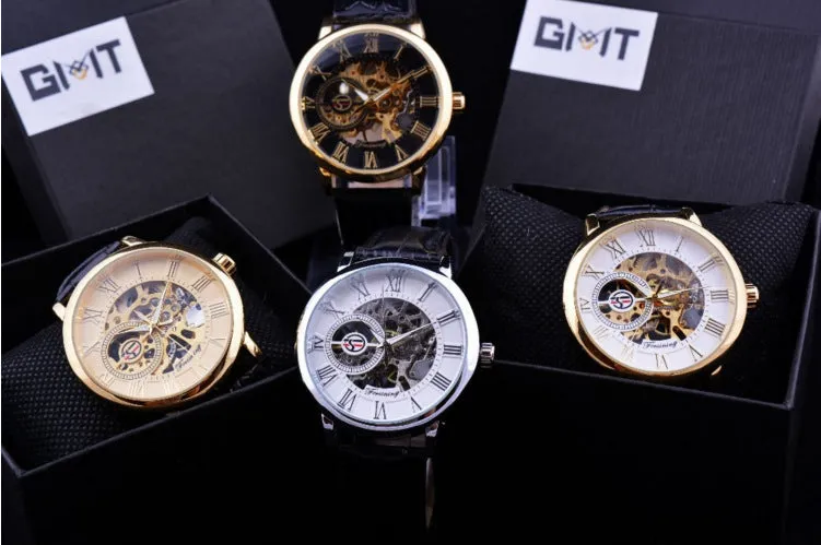 Hollow mechanical skeleton wrist watch with leather band and stainless steel 40.5mm case