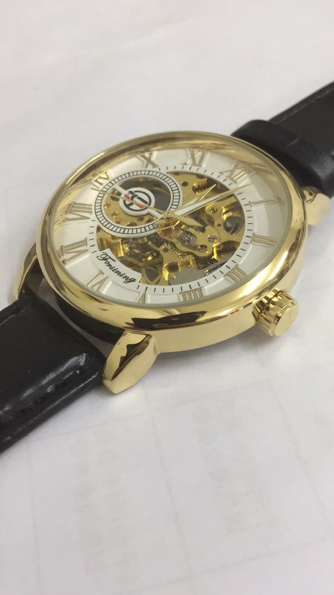 Hollow mechanical skeleton wrist watch with leather band and stainless steel 40.5mm case