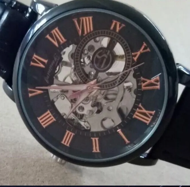 Hollow mechanical skeleton wrist watch with leather band and stainless steel 40.5mm case
