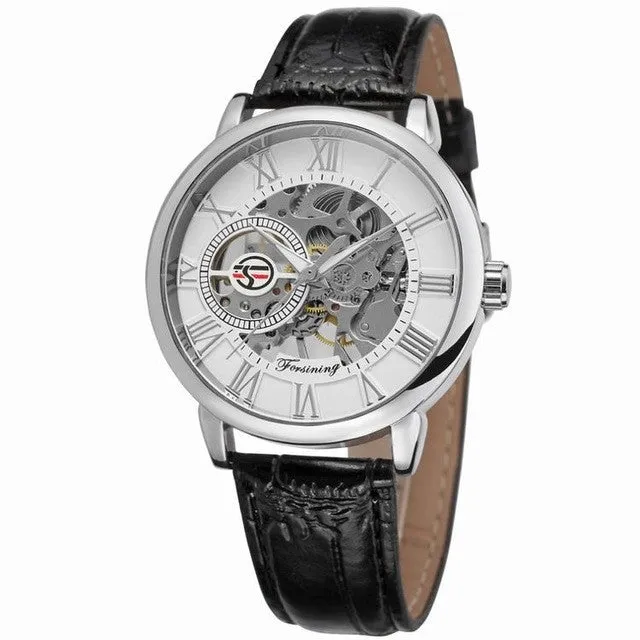Hollow mechanical skeleton wrist watch with leather band and stainless steel 40.5mm case