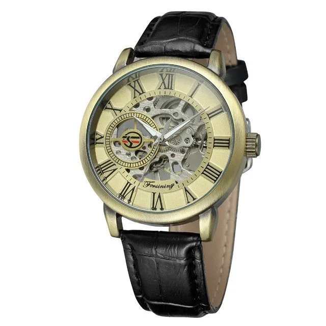 Hollow mechanical skeleton wrist watch with leather band and stainless steel 40.5mm case