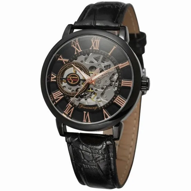 Hollow mechanical skeleton wrist watch with leather band and stainless steel 40.5mm case