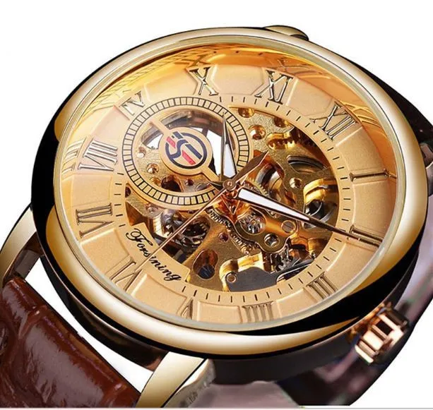 Hollow mechanical skeleton wrist watch with leather band and stainless steel 40.5mm case