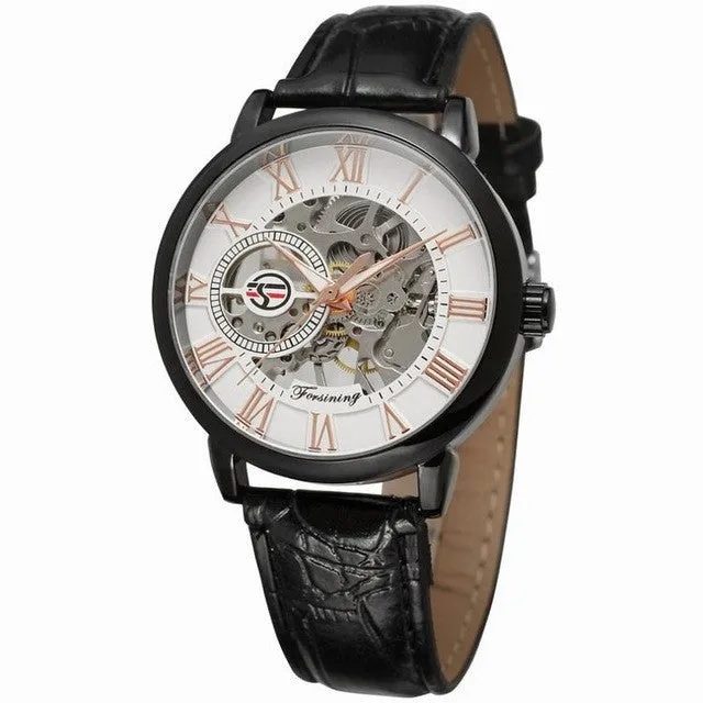 Hollow mechanical skeleton wrist watch with leather band and stainless steel 40.5mm case