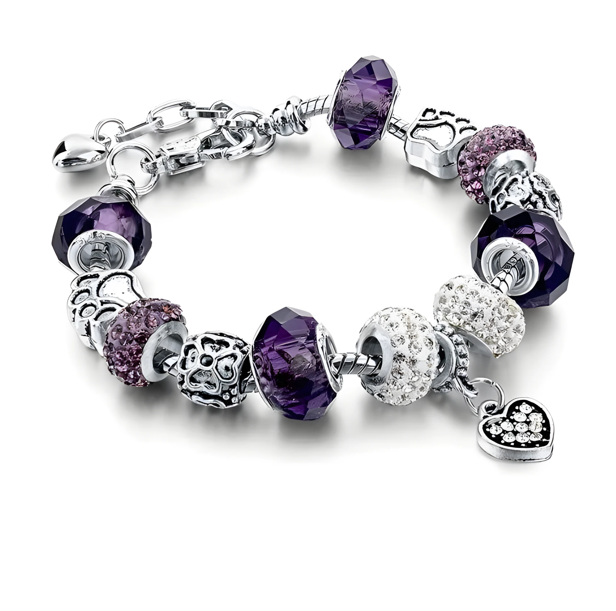 Silver plated alloy bracelet with queen crown beads and pink Murano glass beads for women on white background