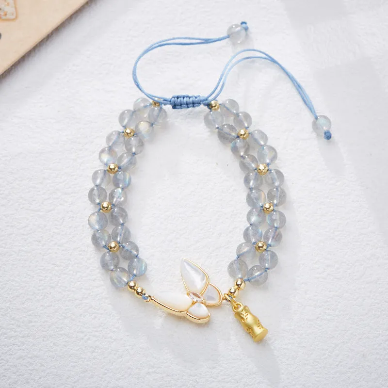Women's handmade aquamarine butterfly woven bracelet in retro style with 6mm width