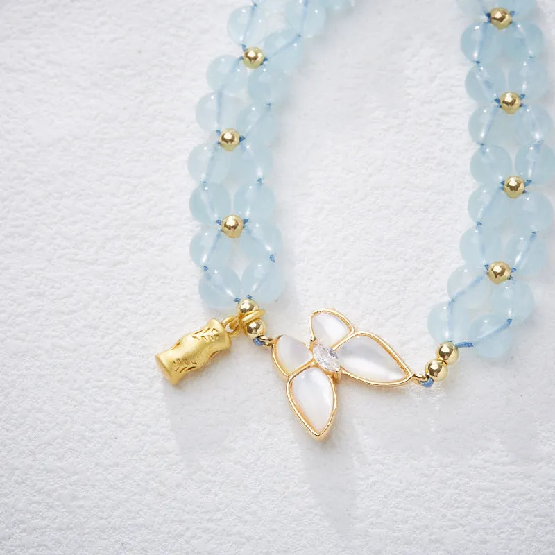 Women's handmade aquamarine butterfly woven bracelet in retro style with 6mm width