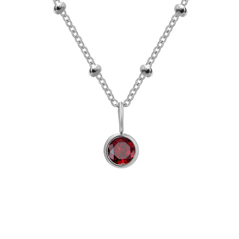 Stainless steel birthstone necklace with round pendant and ball bead chain in multiple colour options