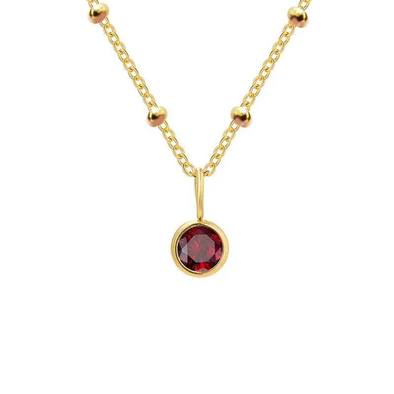Stainless steel birthstone necklace with round pendant and ball bead chain in multiple colour options
