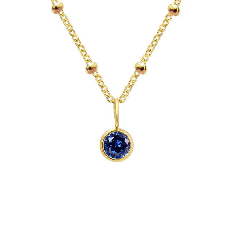 Stainless steel birthstone necklace with round pendant and ball bead chain in multiple colour options
