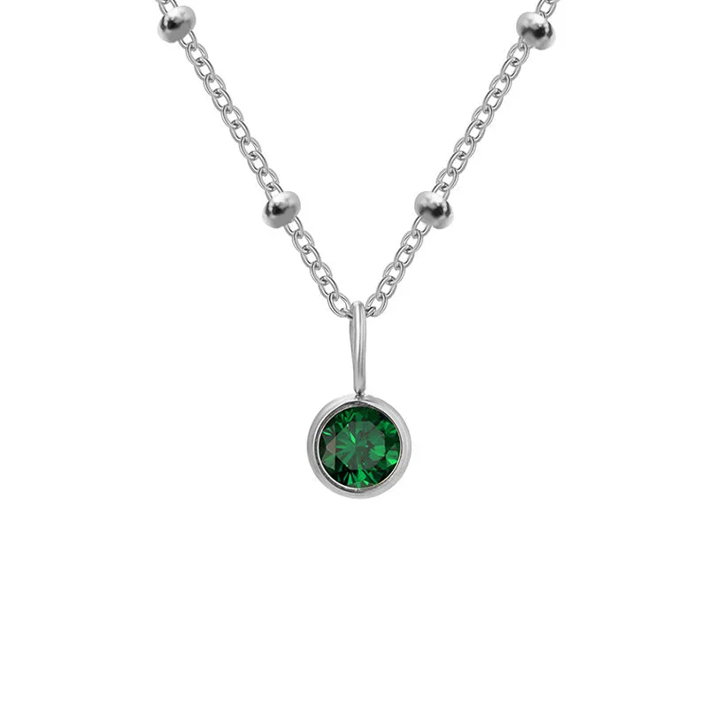 Stainless steel birthstone necklace with round pendant and ball bead chain in multiple colour options