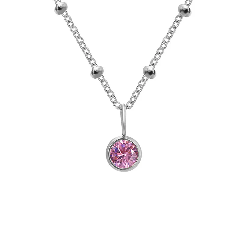 Stainless steel birthstone necklace with round pendant and ball bead chain in multiple colour options