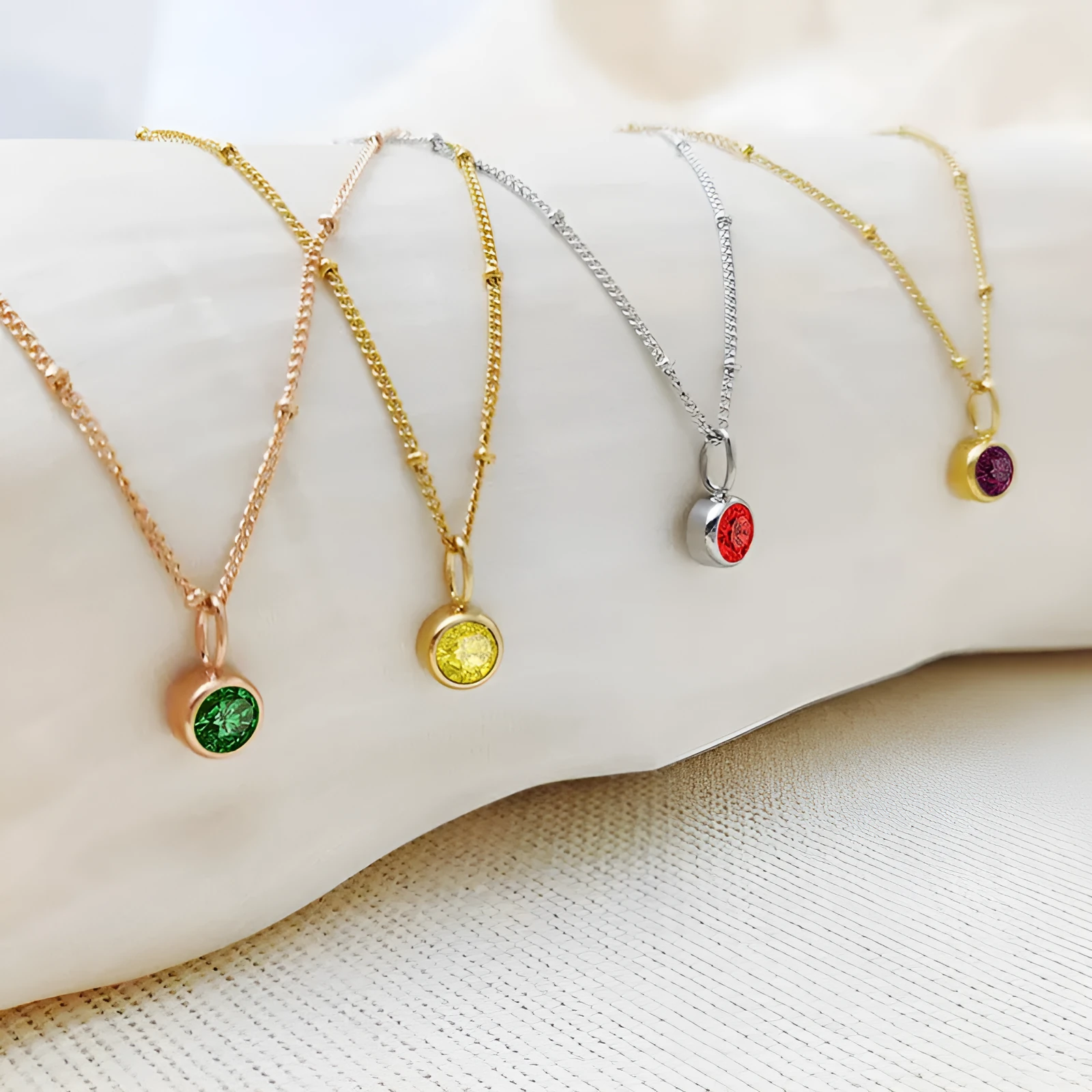 Stainless steel birthstone necklace with round pendant and ball bead chain in multiple colour options