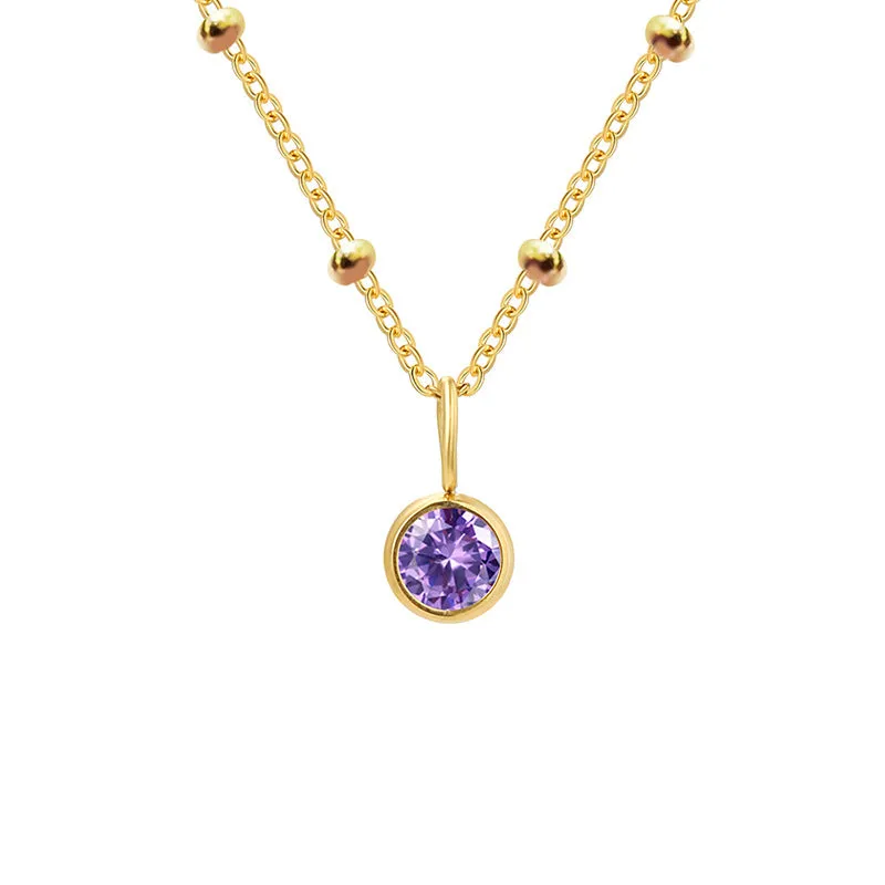 Stainless steel birthstone necklace with round pendant and ball bead chain in multiple colour options