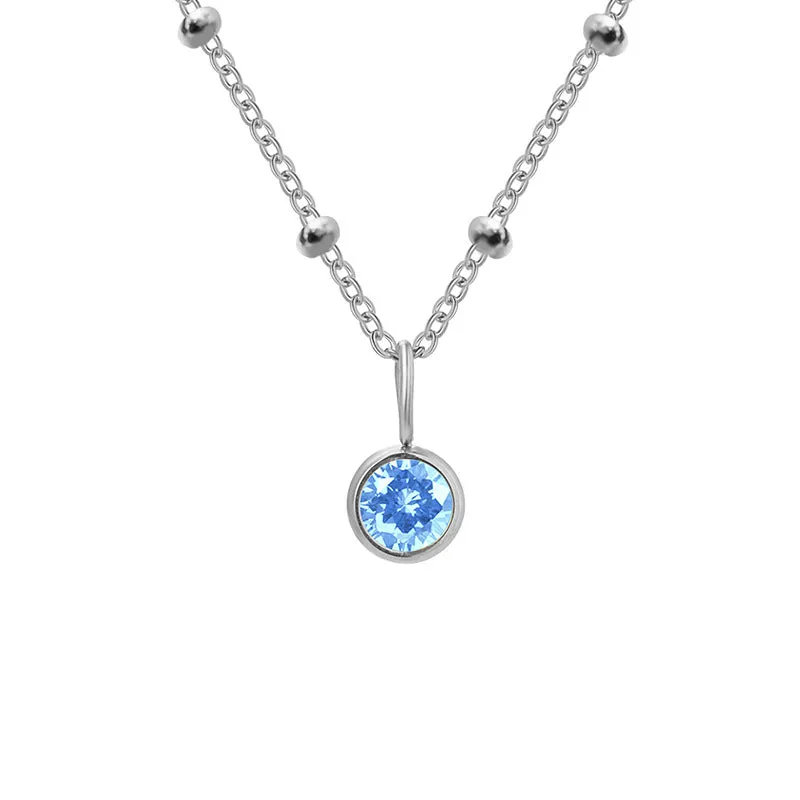 Stainless steel birthstone necklace with round pendant and ball bead chain in multiple colour options