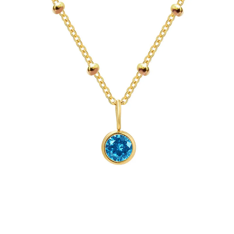 Stainless steel birthstone necklace with round pendant and ball bead chain in multiple colour options