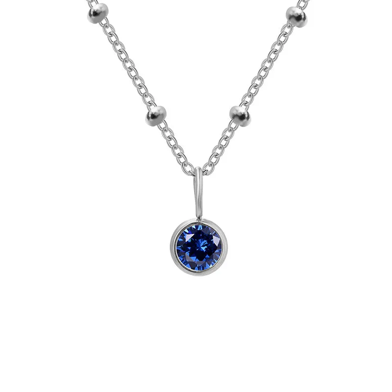 Stainless steel birthstone necklace with round pendant and ball bead chain in multiple colour options