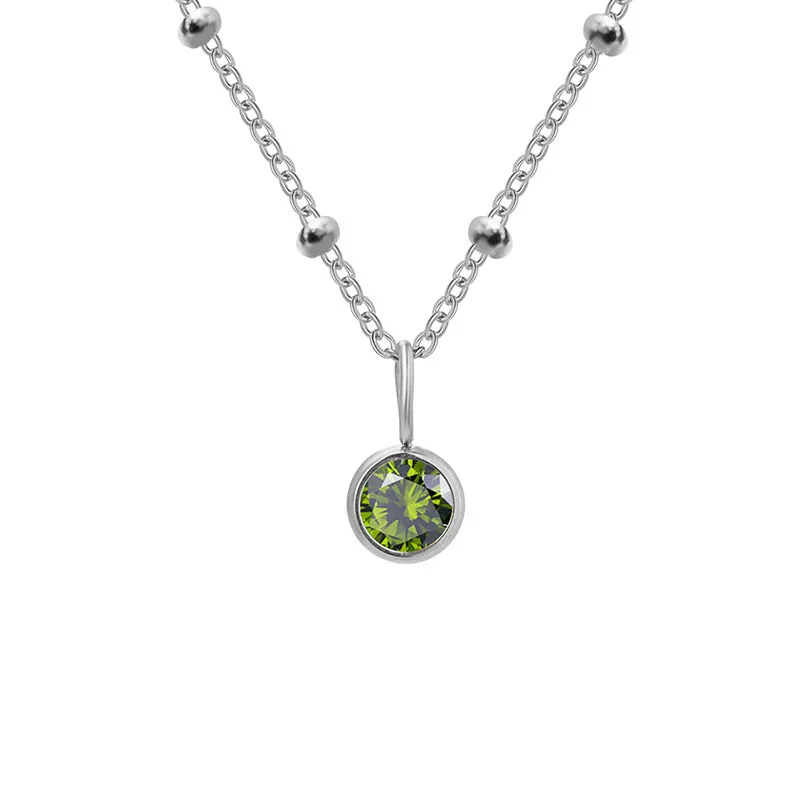 Stainless steel birthstone necklace with round pendant and ball bead chain in multiple colour options