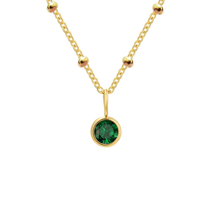 Stainless steel birthstone necklace with round pendant and ball bead chain in multiple colour options