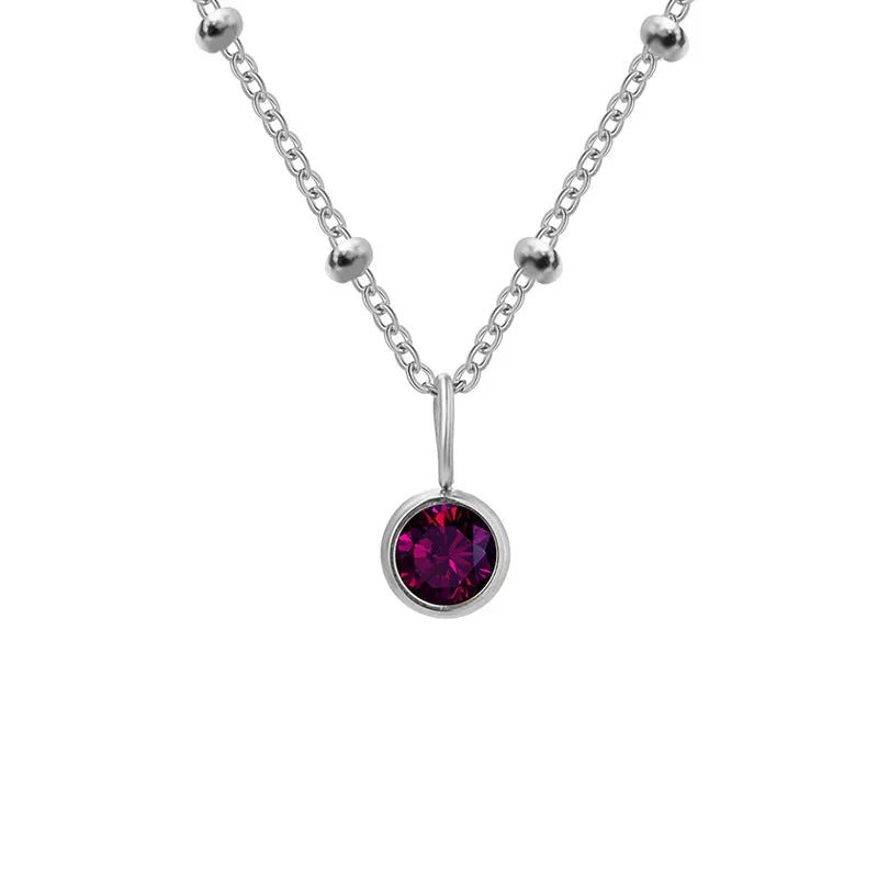 Stainless steel birthstone necklace with round pendant and ball bead chain in multiple colour options