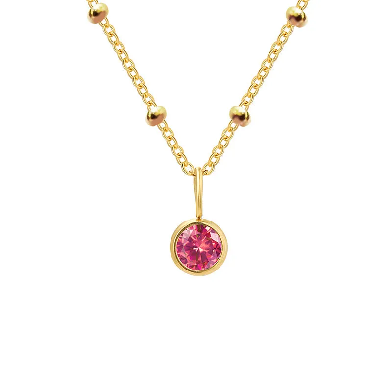 Stainless steel birthstone necklace with round pendant and ball bead chain in multiple colour options