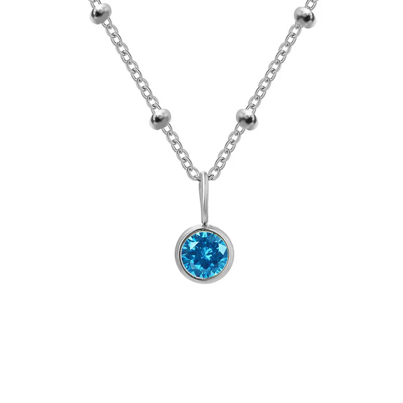 Stainless steel birthstone necklace with round pendant and ball bead chain in multiple colour options