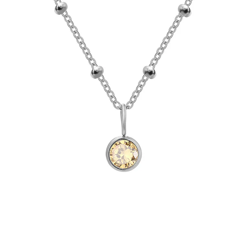 Stainless steel birthstone necklace with round pendant and ball bead chain in multiple colour options
