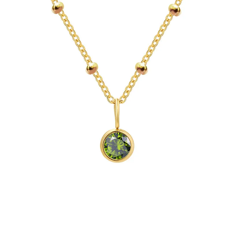 Stainless steel birthstone necklace with round pendant and ball bead chain in multiple colour options