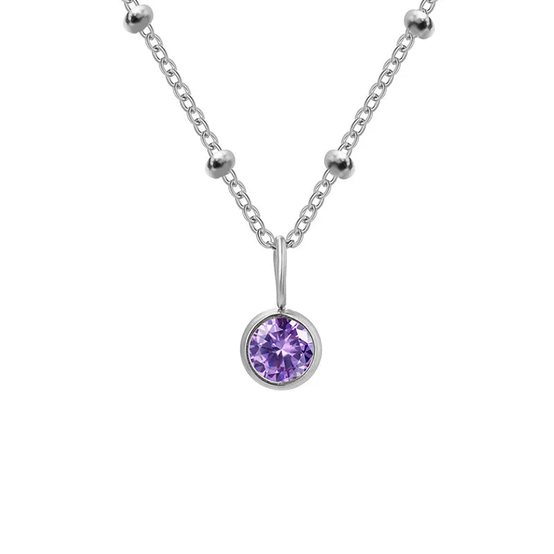 Stainless steel birthstone necklace with round pendant and ball bead chain in multiple colour options