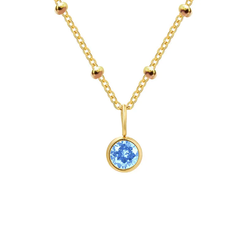 Stainless steel birthstone necklace with round pendant and ball bead chain in multiple colour options