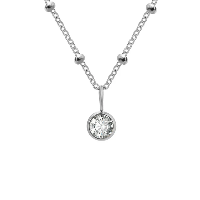 Stainless steel birthstone necklace with round pendant and ball bead chain in multiple colour options