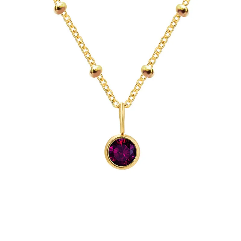 Stainless steel birthstone necklace with round pendant and ball bead chain in multiple colour options