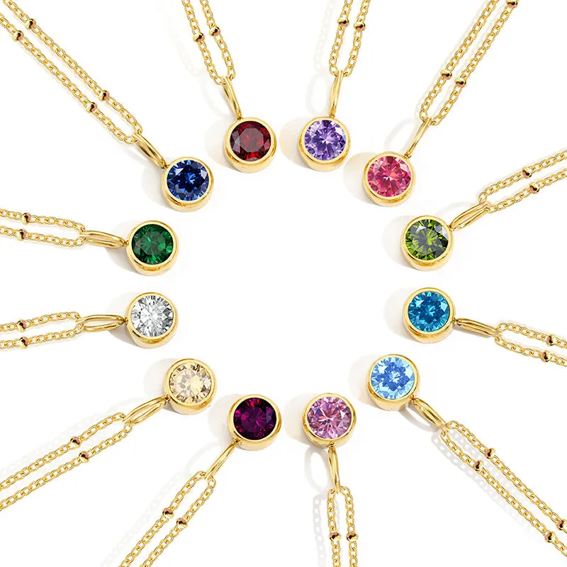 Stainless steel birthstone necklace with round pendant and ball bead chain in multiple colour options